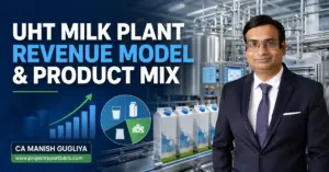 uht milk plant revenue model product mix UHT milk plant revenue model and product mix featuring CA Manish Gugliya, aseptic milk cartons, processing machinery and revenue chart.