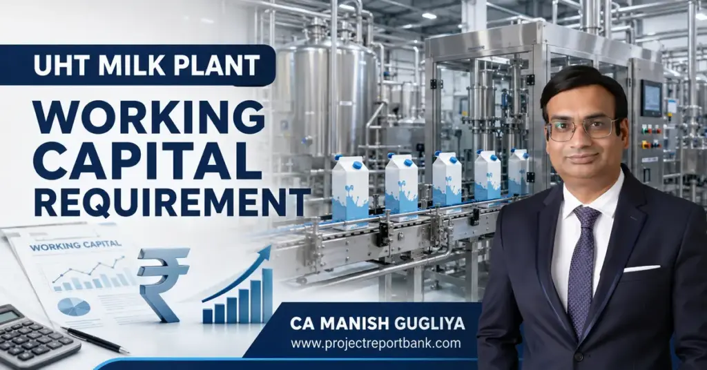 UHT Milk Plant Working Capital Requirement guide by CA Manish Gugliya featuring an aseptic milk processing and packaging plant.