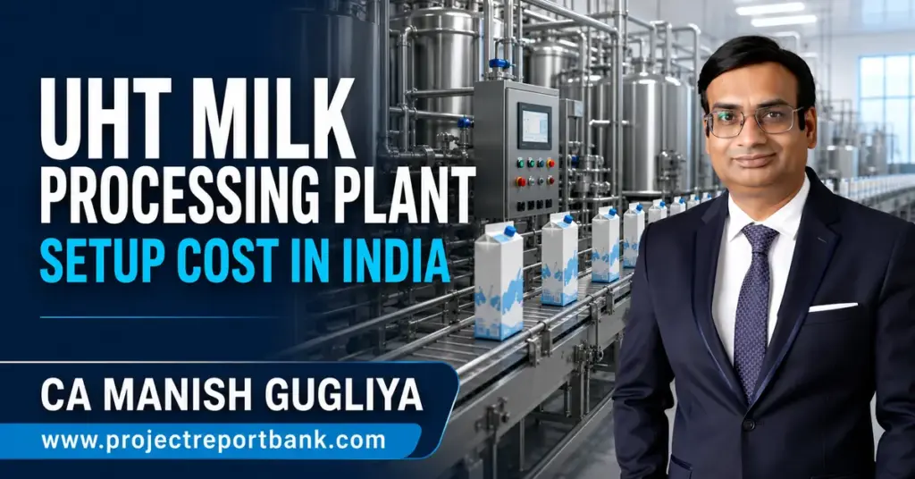 UHT milk processing plant setup cost in India with CA Manish Gugliya and modern aseptic milk packaging line.