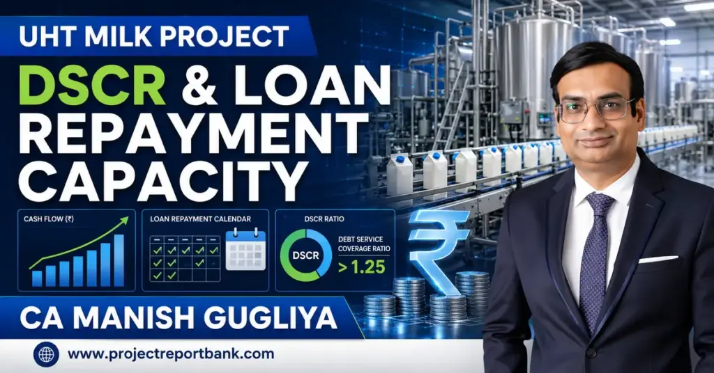 UHT Milk Project DSCR and Loan Repayment Capacity analysis by CA Manish Gugliya with UHT processing plant and financial visuals.