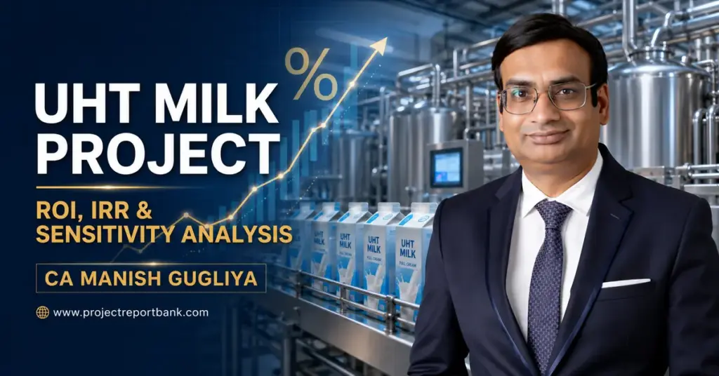 CA Manish Gugliya with a UHT milk processing plant and ROI, IRR and sensitivity analysis graphics.