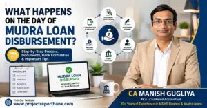 What Happens on the Day of Mudra Loan Disbursement? Step-by-step guide by CA Manish Gugliya explaining document verification, agreement signing, fund transfer, account verification, and loan amount credit process.