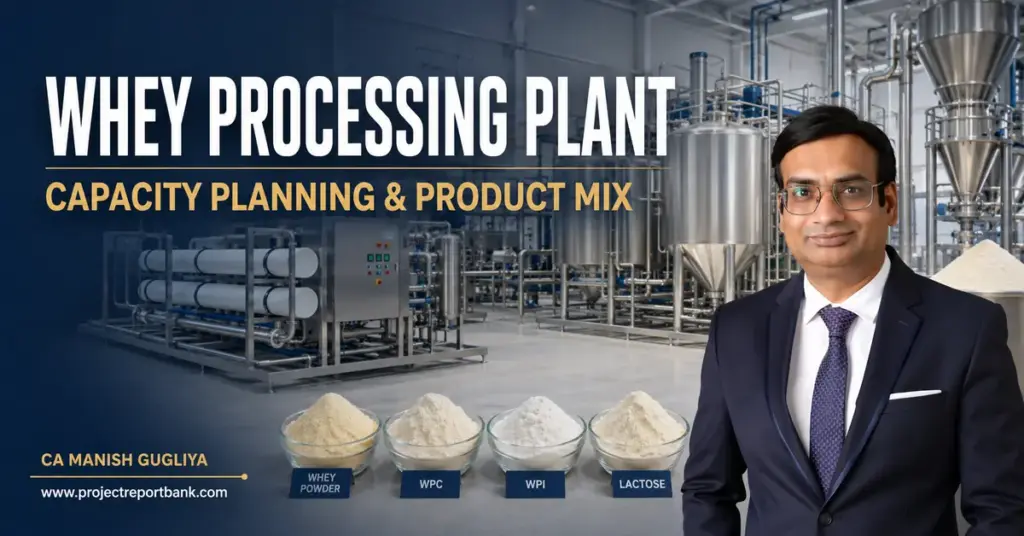 Whey processing plant capacity planning and product mix with CA Manish Gugliya, featuring WPC, WPI, whey powder and lactose production.