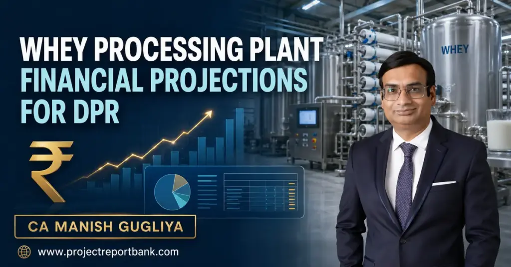 Whey Processing Plant Financial Projections for DPR featuring CA Manish Gugliya, financial charts and a modern whey processing facility.