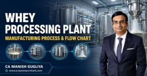 Whey processing plant manufacturing process and flow chart featuring industrial dairy machinery and CA Manish Gugliya.
