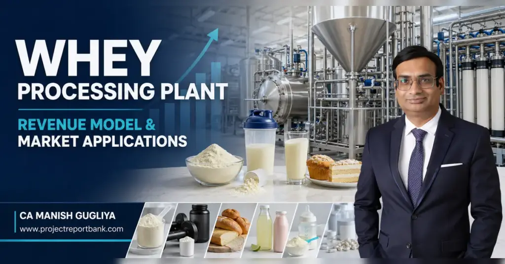 Whey processing plant revenue model and market applications featuring dairy equipment, whey products and CA Manish Gugliya.