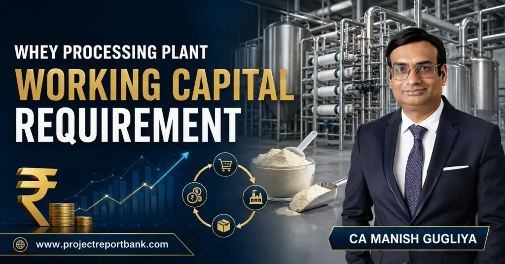 Whey processing plant working capital requirement with dairy machinery, financial graphics and CA Manish Gugliya.