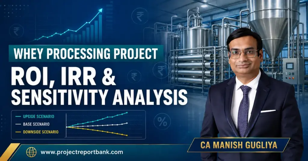 CA Manish Gugliya with a whey processing plant and financial charts illustrating project ROI, IRR and sensitivity analysis.