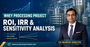 whey processing project roi irr sensitivity analysis CA Manish Gugliya with a whey processing plant and financial charts illustrating project ROI, IRR and sensitivity analysis.