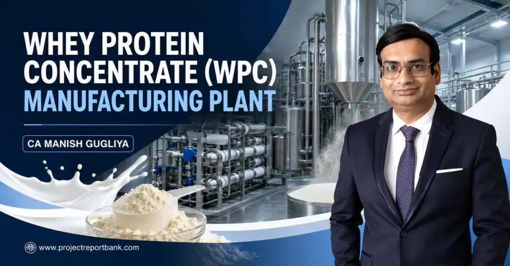 Whey Protein Concentrate (WPC) manufacturing plant featuring modern processing machinery, protein powder and CA Manish Gugliya.