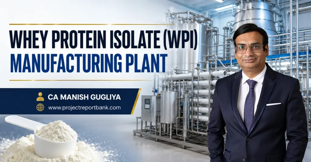 Whey Protein Isolate (WPI) manufacturing plant featuring industrial processing machinery and CA Manish Gugliya.