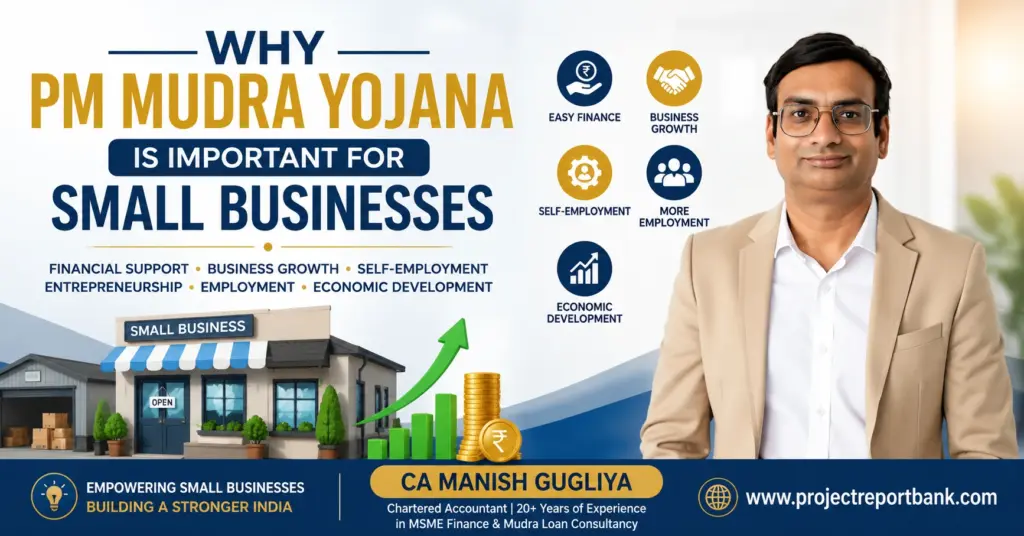 why pm mudra yojana important small businesses feature Why PM Mudra Yojana is Important for Small Businesses – CA Manish Gugliya explaining the benefits of PM Mudra Yojana for MSMEs, startups, entrepreneurs, and business growth with Project Report Bank