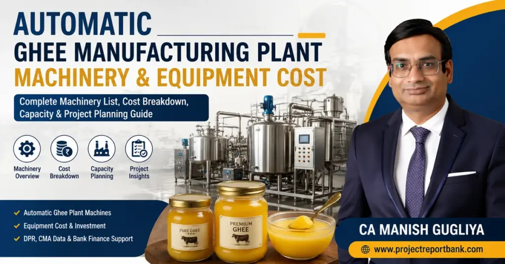 Automatic Ghee Manufacturing Plant Machinery & Equipment Cost in India – machinery, capacity and project planning guide by CA Manish Gugliya, ProjectReportBank.com.