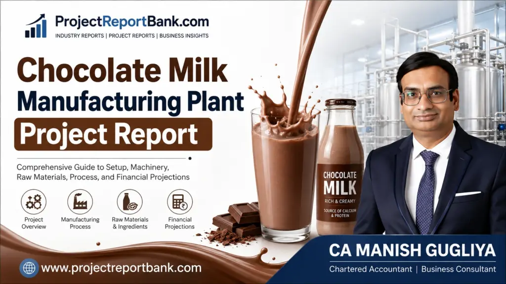 Chocolate Milk Manufacturing Plant Project Report featuring commercial chocolate milk production, dairy processing machinery, packaging, and financial planning by CA Manish Gugliya, ProjectReportBank.com.