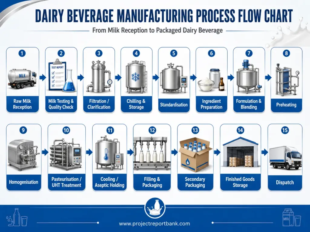 Dairy beverage manufacturing process flow chart showing milk reception, quality testing, filtration, chilling, standardisation, ingredient preparation, blending, homogenisation, pasteurisation or UHT treatment, filling, packaging, storage and dispatch.