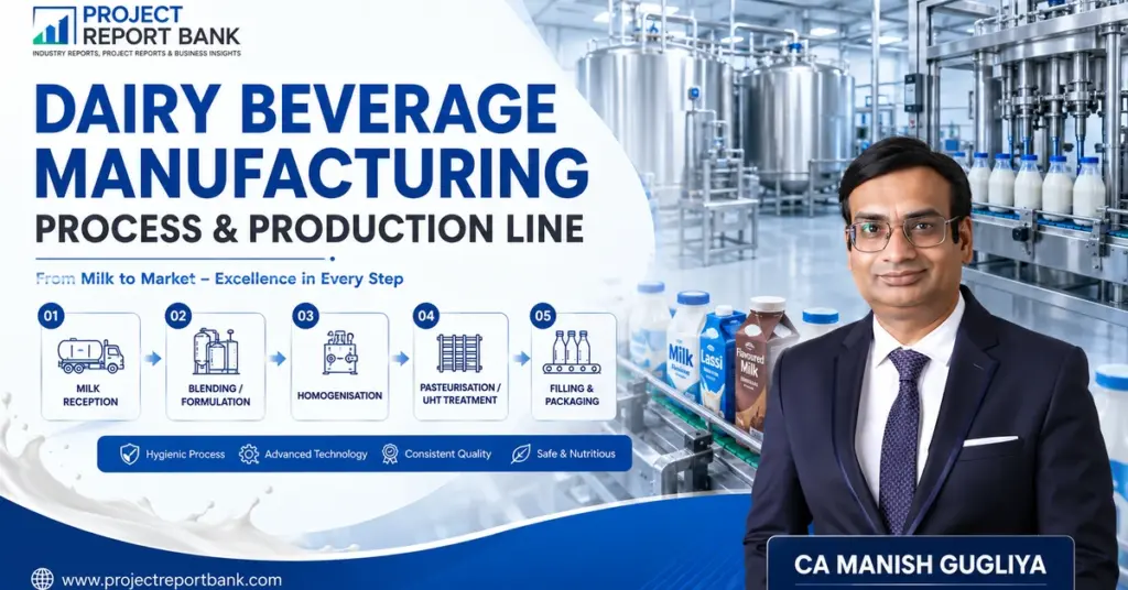 Dairy beverage manufacturing process and production line showing milk reception, blending, homogenisation, pasteurisation, filling and packaging with CA Manish Gugliya and ProjectReportBank.com.