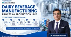 Dairy beverage manufacturing process and production line showing milk reception, blending, homogenisation, pasteurisation, filling and packaging with CA Manish Gugliya and ProjectReportBank.com.