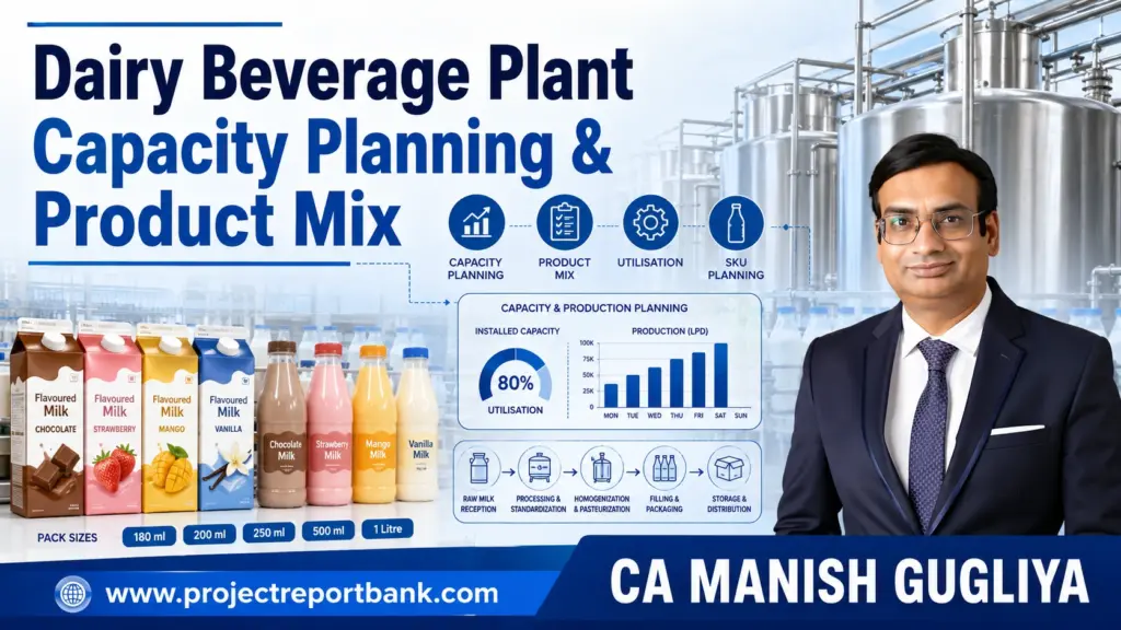 Dairy Beverage Plant Capacity Planning & Product Mix featuring processing tanks, flavoured milk SKUs, pack sizes, utilisation charts and CA Manish Gugliya.