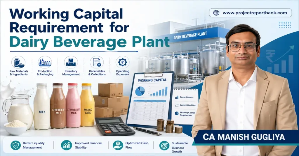 Working Capital Requirement for Dairy Beverage Plant featuring raw milk, ingredients, packaging, inventory, receivables, operating expenses and CA Manish Gugliya.