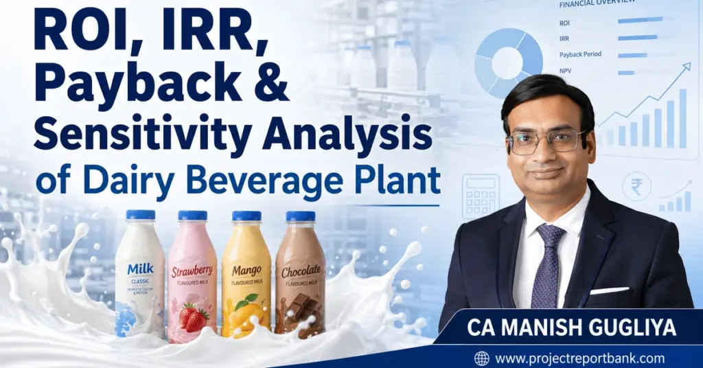 ROI, IRR, payback and sensitivity analysis of dairy beverage plant with financial charts, flavoured milk bottles and CA Manish Gugliya.