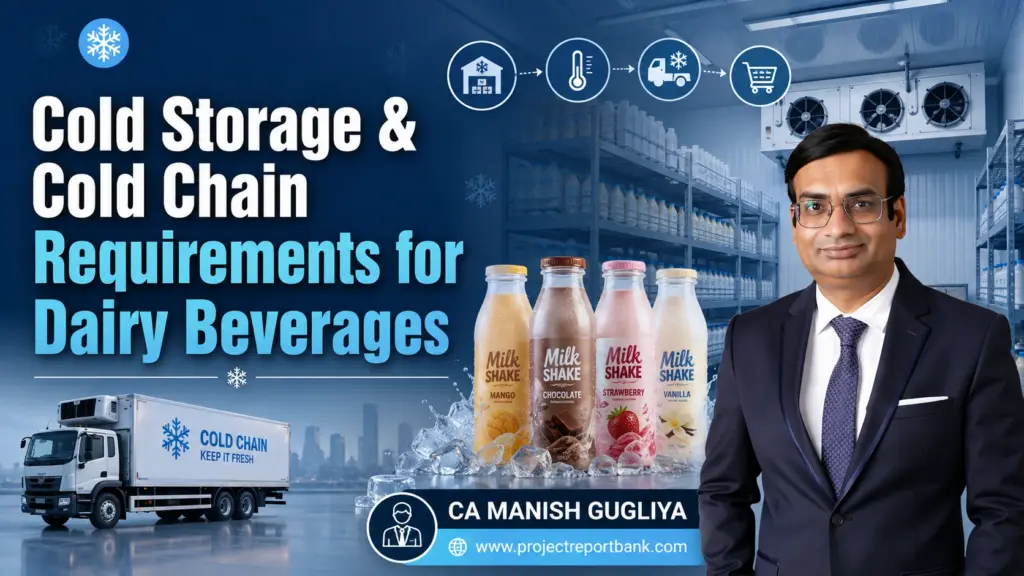 Cold storage and cold chain requirements for dairy beverages featuring chilled milkshake bottles, refrigerated warehouse, reefer truck, and CA Manish Gugliya.