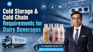 dairy cold chain logistics banner Cold storage and cold chain requirements for dairy beverages featuring chilled milkshake bottles, refrigerated warehouse, reefer truck, and CA Manish Gugliya.