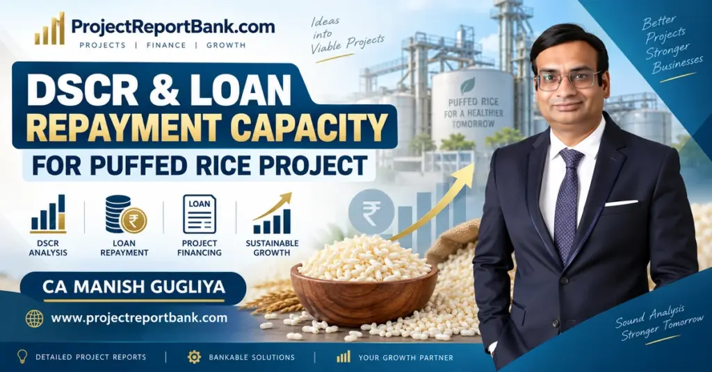 DSCR and loan repayment capacity analysis for a puffed rice project with CA Manish Gugliya, financial charts, bank loan icons and puffed rice plant visuals.