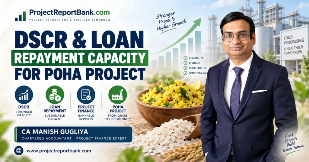 DSCR and loan repayment capacity for Poha project with CA Manish Gugliya, financial growth chart, project finance icons, Poha bowl and processing plant.