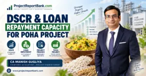 dscr loan repayment for poha projects DSCR and loan repayment capacity for Poha project with CA Manish Gugliya, financial growth chart, project finance icons, Poha bowl and processing plant.