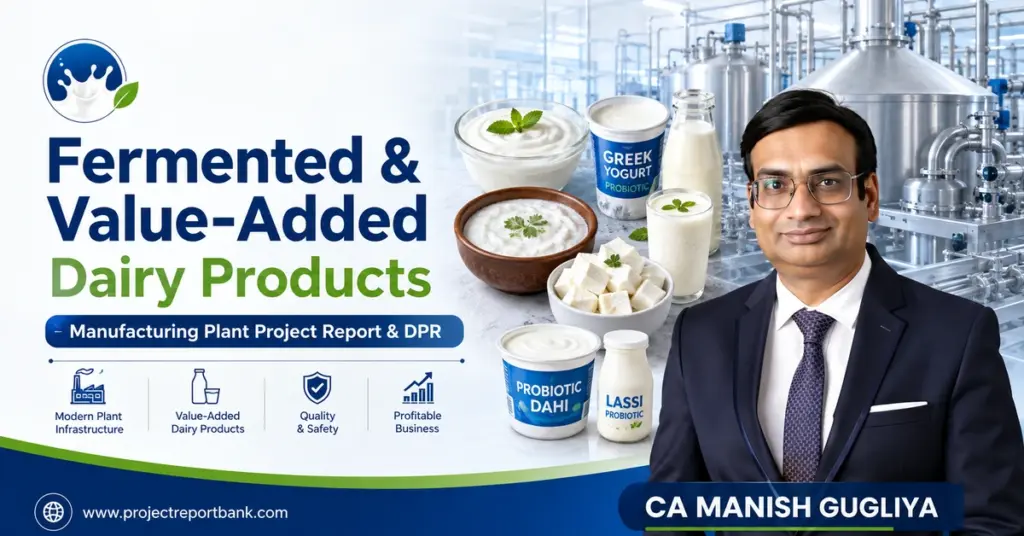 Fermented & Value-Added Dairy Products Manufacturing Plant Project Report & DPR by CA Manish Gugliya, featuring yogurt, curd, lassi, paneer, probiotic dairy products and modern dairy processing plant.