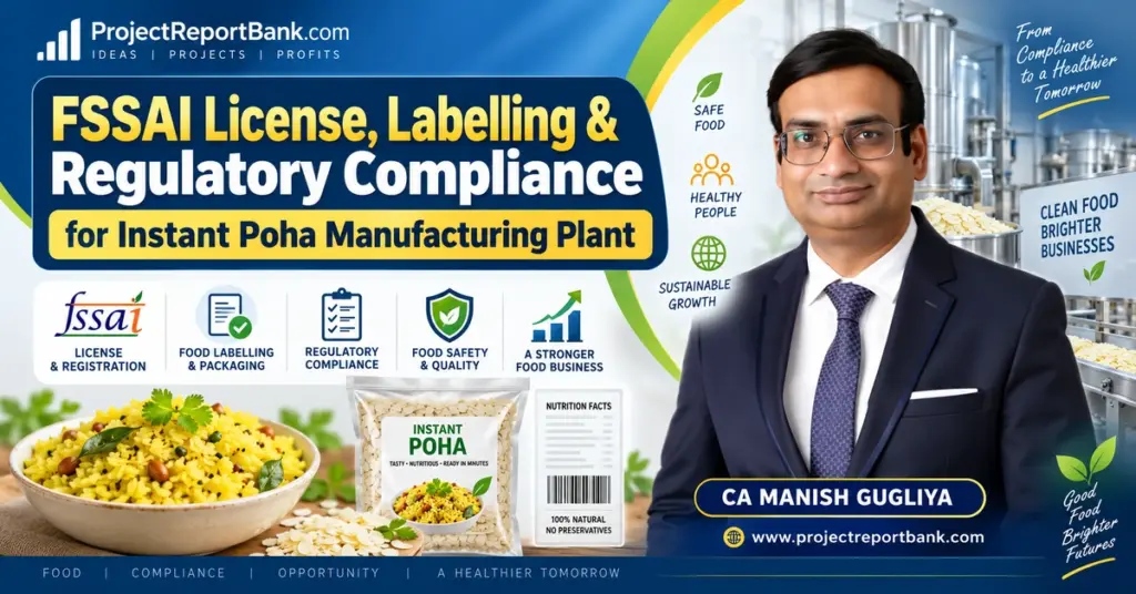 FSSAI license, labelling and regulatory compliance for Instant Poha manufacturing plant with CA Manish Gugliya, food safety, packaging and compliance elements.