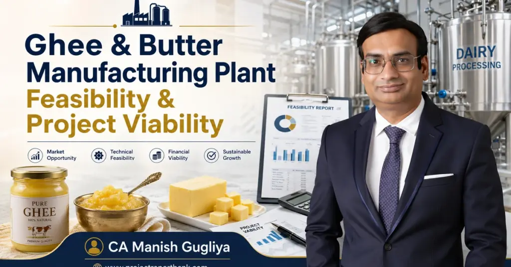 Ghee & Butter Manufacturing Plant Feasibility & Project Viability with CA Manish Gugliya, dairy processing equipment, ghee, butter, and financial analysis visuals.