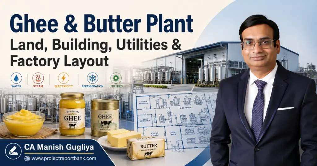 Ghee and butter plant land, building, utilities and factory layout with dairy processing equipment, ghee and butter products, and CA Manish Gugliya.