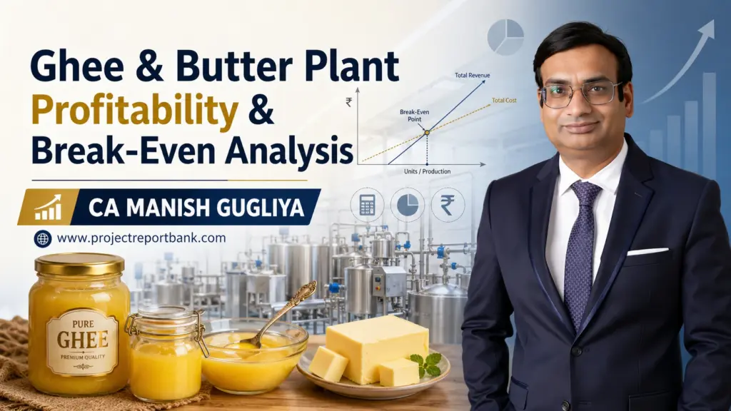 Ghee and butter manufacturing plant profitability and break-even analysis with CA Manish Gugliya, dairy processing equipment, ghee jars, butter blocks and financial break-even chart.