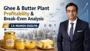 Ghee and butter manufacturing plant profitability and break-even analysis with CA Manish Gugliya, dairy processing equipment, ghee jars, butter blocks and financial break-even chart.