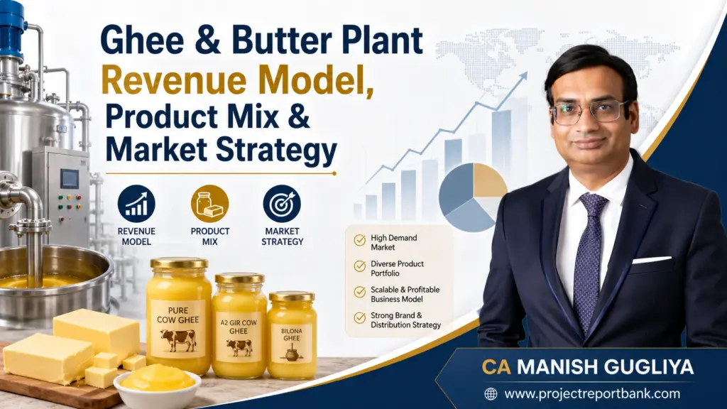 Ghee and butter plant revenue model, product mix and market strategy featuring industrial dairy processing equipment, ghee and butter products, business growth charts, and CA Manish Gugliya.