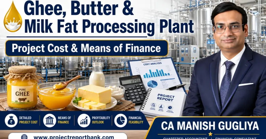 Ghee, Butter & Milk Fat Processing Plant Project Cost and Means of Finance featuring industrial dairy machinery, ghee, butter, financial analysis, and CA Manish Gugliya.