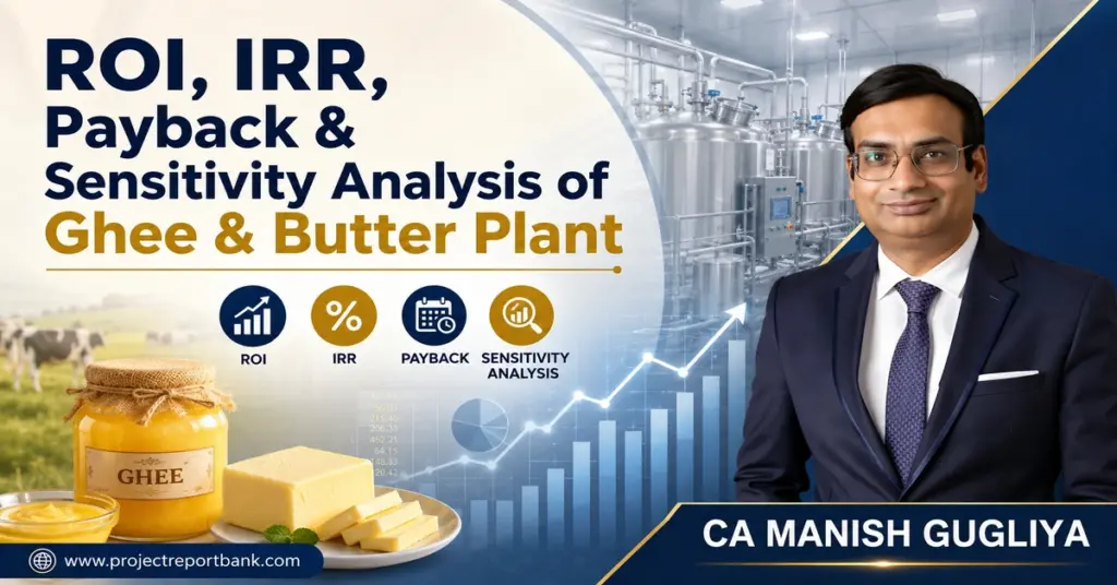 ROI, IRR, payback and sensitivity analysis of ghee and butter plant by CA Manish Gugliya, featuring dairy processing equipment, ghee, butter and financial charts.