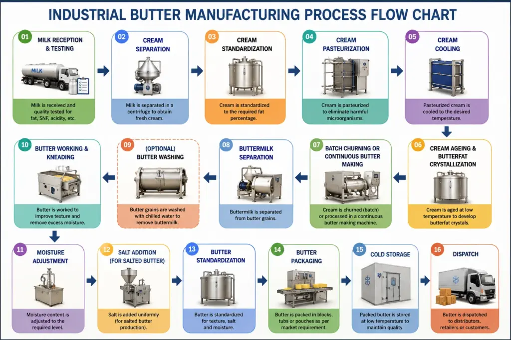 industrial butter manufacturing process flow chart Industrial butter manufacturing process flow chart showing milk reception, cream separation, pasteurization, ageing, churning, buttermilk separation, butter working, packaging, cold storage and dispatch.