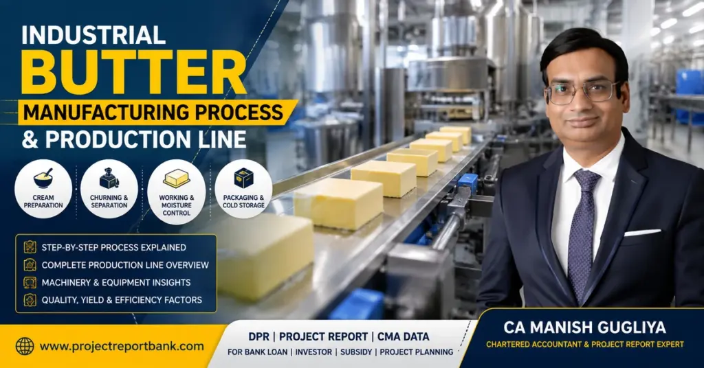 Industrial butter manufacturing process and production line showing cream processing, butter churning, working, packaging and cold storage with CA Manish Gugliya – ProjectReportBank.com.