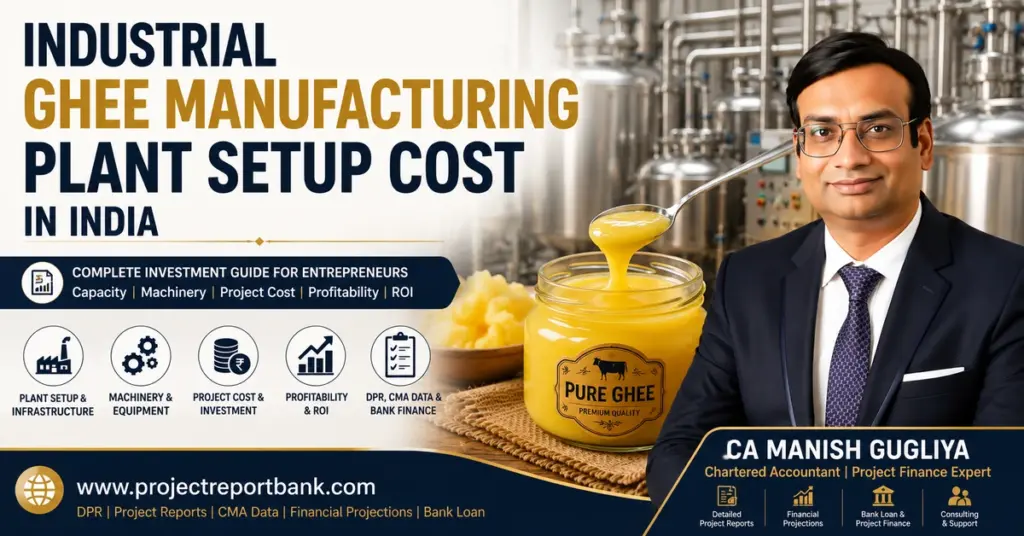 Industrial Ghee Manufacturing Plant Setup Cost in India with ghee processing machinery, investment and project finance guide by CA Manish Gugliya.