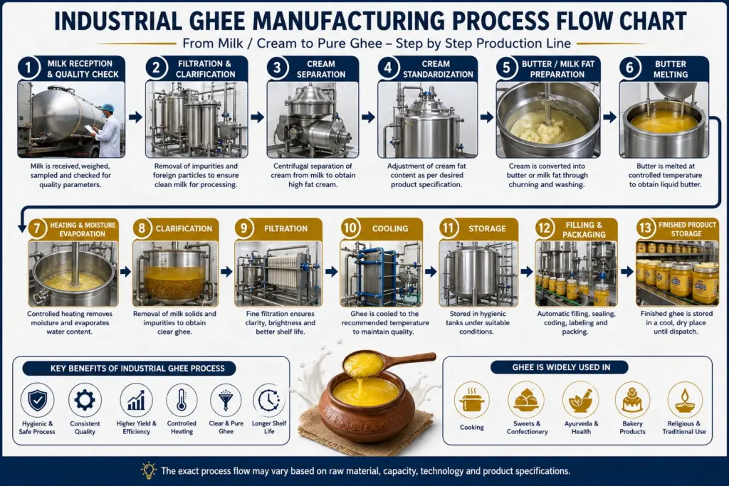 Industrial ghee manufacturing process flow chart showing milk reception, cream separation, butter preparation, heating, clarification, filtration, cooling, storage and packaging.