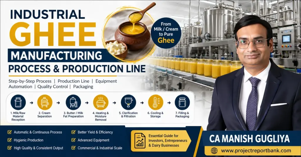 Industrial ghee manufacturing process and production line showing ghee processing machinery, cream separation, heating, clarification, filtration, cooling and packaging – CA Manish Gugliya, ProjectReportBank.com