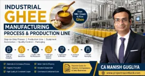 Industrial ghee manufacturing process and production line showing ghee processing machinery, cream separation, heating, clarification, filtration, cooling and packaging – CA Manish Gugliya, ProjectReportBank.com