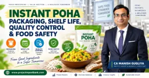 Instant Poha packaging, shelf life, quality control and food safety guide by CA Manish Gugliya with packaged poha, quality icons and food processing visuals.