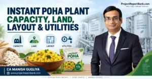 Instant Poha plant capacity, land, layout and utilities guide by CA Manish Gugliya with plant infrastructure, poha processing and utility planning.