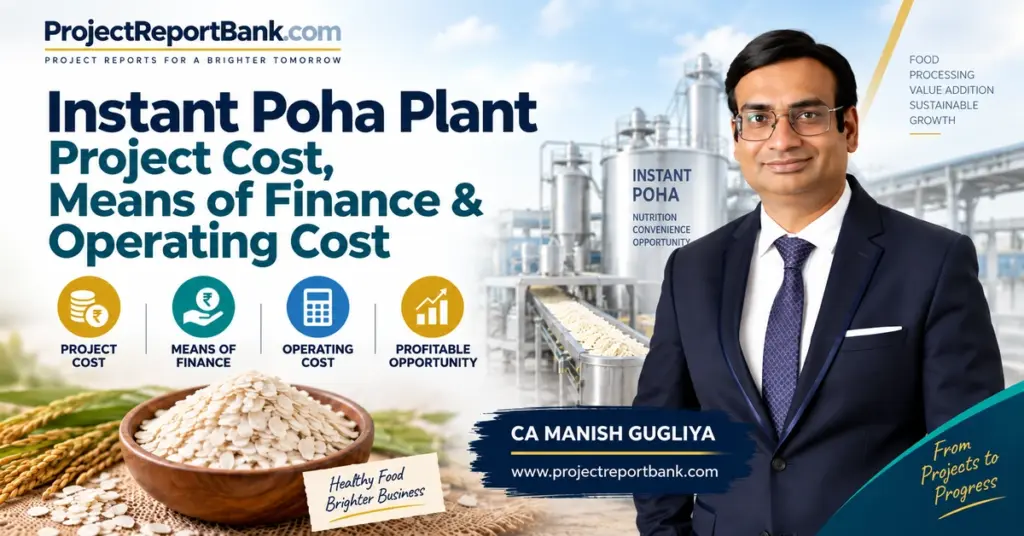 Instant Poha Plant Project Cost, Means of Finance and Operating Cost with CA Manish Gugliya, poha processing plant, finance icons and ProjectReportBank.com.