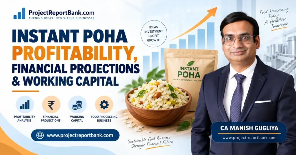 Instant Poha profitability, financial projections and working capital analysis with CA Manish Gugliya, poha product visuals and growth chart.
