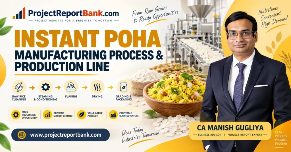 Instant Poha manufacturing process and production line with industrial machinery, packaged poha processing stages, and CA Manish Gugliya.