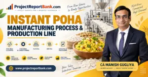 Instant Poha manufacturing process and production line with industrial machinery, packaged poha processing stages, and CA Manish Gugliya.